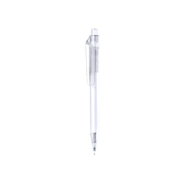 Bolígrafo de mecanismo pulsador fabricado en RPET. Cuerpo de suave acabado en variados colores transparentes y clip amplio. Logotipo RPET en la parte superior del bolígrafo, en tinta azul.El material RPET se elabora a partir de plástico reciclado, para así fomentar la reutilización de residuos plásticos y ayudar a la sostenibilidad del planeta.
