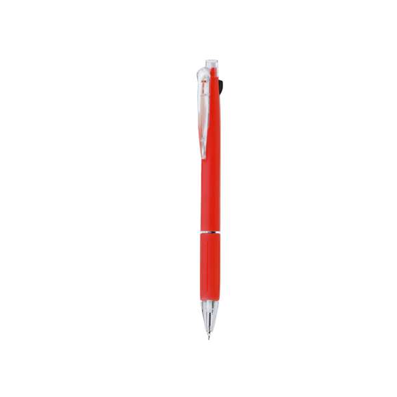 Práctico bolígrafo puntero. De mecanismo pulsador y con posibilidad de elegir entre tinta negra, roja o portaminas, con pulsadores a juego. Suave empuñadura de agradable tacto, con clip y punta transparentes. Cuerpo en variados y llamativos colores, con goma en la parte superior.