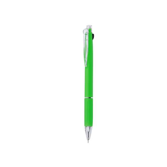 Práctico bolígrafo puntero. De mecanismo pulsador y con posibilidad de elegir entre tinta negra, roja o portaminas, con pulsadores a juego. Suave empuñadura de agradable tacto, con clip y punta transparentes. Cuerpo en variados y llamativos colores, con goma en la parte superior.