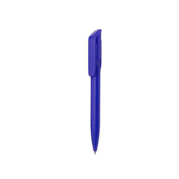 Bolígrafo de mecanismo pulsador. Fabricado en variada gama de colores con clip plano para impresión, de tinta azul.