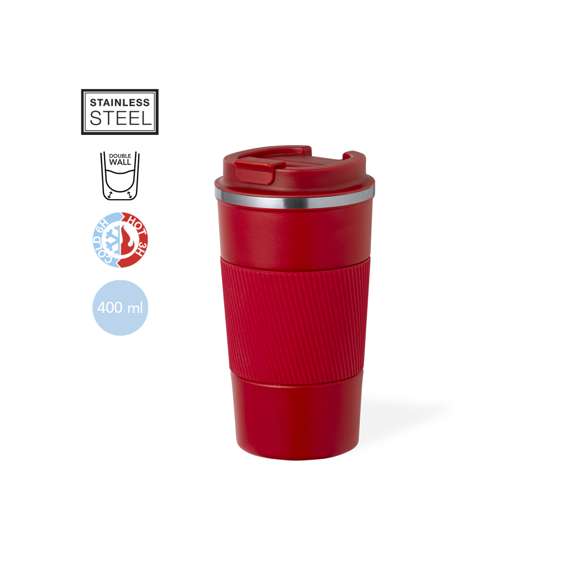 Vaso térmico fabricado en acero inox de doble pared y 400 ml de capacidad de color mate. Con dosificador en tapa y abrefácil, banda de silicona a juego y base antideslizante, libre de BPA. Es ideal para tener en tu escritorio, mesa o en cualquier superficie donde disfrutar tranquilamente de tu bebida favorita.