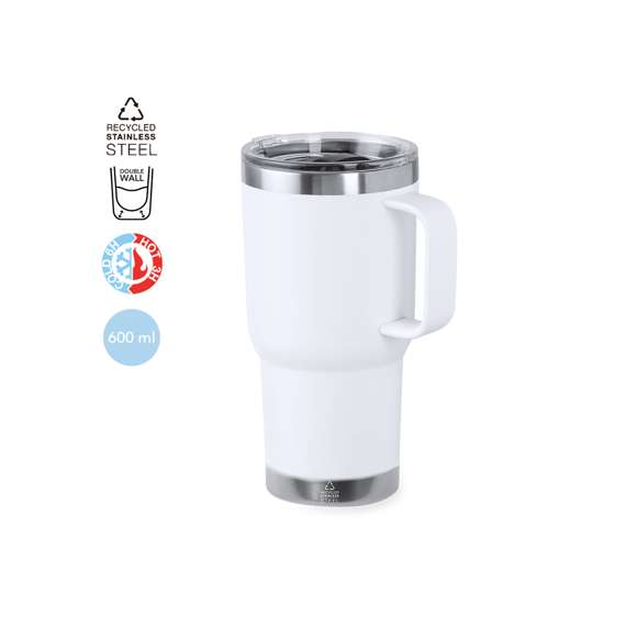 Taza térmica fabricada en acero inox reciclado, con doble pared y 600 ml de capacidad en color mate. Incluye tapa con cierre a presión, dosificador de fácil apertura y asa rígida para mayor comodidad. Es ideal para tener en tu escritorio, mesa o en cualquier superficie donde disfrutar tranquilamente de tu bebida favorita. Con logotipo Acero Inox Reciclado. El acero es uno de los materiales más demandados y que puede encontrarse casi en todas partes, desde productos de uso diario a grandes construcciones. Con innumerables propiedades, entre las que cabe destacar la durabilidad y su alto grado de reutilización, convirtiéndolo en una alternativa muy valorada en soluciones de sostenibilidad. Debidamente tratado, permite obtener nuevos recursos de infinita utilización