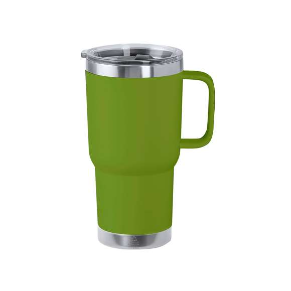 Taza térmica fabricada en acero inox reciclado, con doble pared y 600 ml de capacidad en color mate. Incluye tapa con cierre a presión, dosificador de fácil apertura y asa rígida para mayor comodidad. Es ideal para tener en tu escritorio, mesa o en cualquier superficie donde disfrutar tranquilamente de tu bebida favorita. Con logotipo Acero Inox Reciclado. El acero es uno de los materiales más demandados y que puede encontrarse casi en todas partes, desde productos de uso diario a grandes construcciones. Con innumerables propiedades, entre las que cabe destacar la durabilidad y su alto grado de reutilización, convirtiéndolo en una alternativa muy valorada en soluciones de sostenibilidad. Debidamente tratado, permite obtener nuevos recursos de infinita utilización