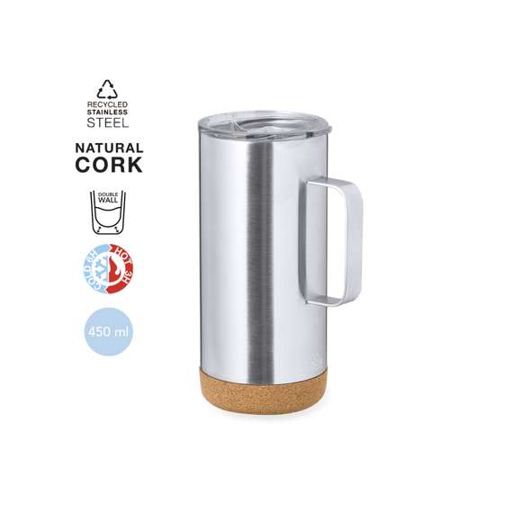 Taza térmica fabricada en acero inox reciclado de doble pared y 450 ml de capacidad. Con dosificador abrefácil en tapa, libre de BPA, y base en corcho natural. Con logotipo Acero Inox Reciclado. Es ideal para tener en tu escritorio, mesa o en cualquier superficie donde disfrutar tranquilamente de tu bebida favorita. El acero es uno de los materiales más demandados y que puede encontrarse casi en todas partes, desde productos de uso diario a grandes construcciones. Con innumerables propiedades, entre las que cabe destacar la durabilidad y su alto grado de reutilización, convirtiéndolo en una alternativa muy valorada en soluciones de sostenibilidad. Debidamente tratado, permite obtener nuevos recursos de infinita utilización.