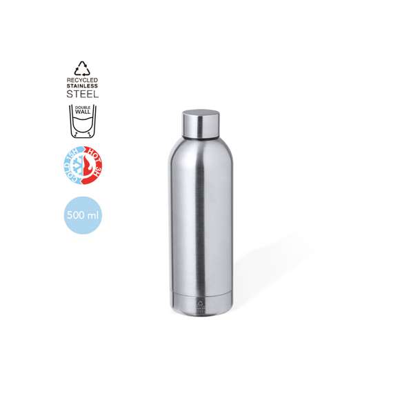 Bidón térmico de doble capa en Acero Inox Reciclado de 500 ml de capacidad. Cierre de rosca para un sellado óptimo y con logotipo Acero Inox Reciclado. Presentado en atractiva caja de diseño kraft.El acero es uno de los materiales más demandados y que puede encontrarse casi en todas partes, desde productos de uso diario a grandes construcciones. Con innumerables propiedades, entre las que cabe destacar la durabilidad y su alto grado de reutilización, convirtiéndolo en una alternativa muy valorada en soluciones de sostenibilidad. Debidamente tratado, permite obtener nuevos recursos de infinita utilización.
