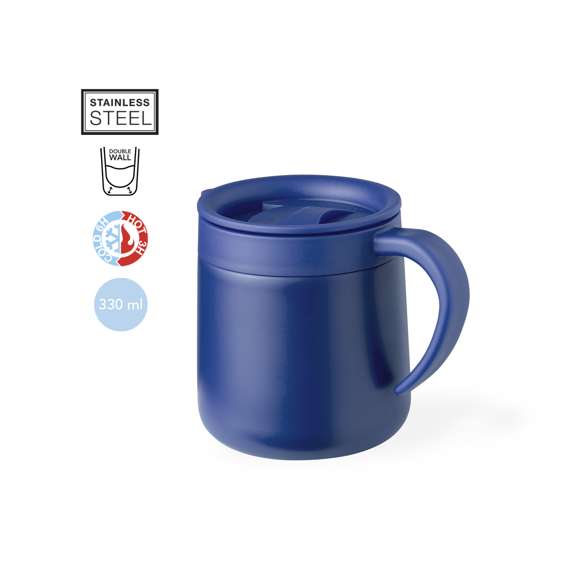 Taza térmica de sobremesa fabricada en acero inox de doble pared con aislamiento y 330 ml de capacidad. Incluye tapa a presión con dosificador abrefácil y base antideslizante. Disponible en variada gama de colores mate. Presentada en atractiva caja de diseño kraft.
