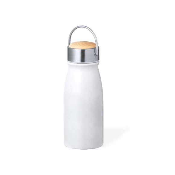Bidón térmico de doble capa con original estilo y 350 ml de capacidad. Cuerpo en acero inox con tapón de seguridad a rosca en acero inox, con detalle en madera y asa integrada. Disponible en variada gama de colores. Presentado en caja individual de diseño eco en cartón kraft.