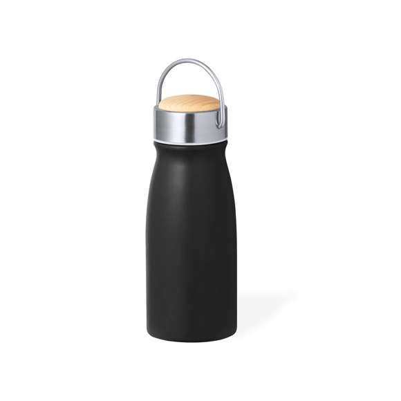 Bidón térmico de doble capa con original estilo y 350 ml de capacidad. Cuerpo en acero inox con tapón de seguridad a rosca en acero inox, con detalle en madera y asa integrada. Disponible en variada gama de colores. Presentado en caja individual de diseño eco en cartón kraft.