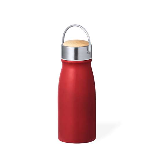 Bidón térmico de doble capa con original estilo y 350 ml de capacidad. Cuerpo en acero inox con tapón de seguridad a rosca en acero inox, con detalle en madera y asa integrada. Disponible en variada gama de colores. Presentado en caja individual de diseño eco en cartón kraft.