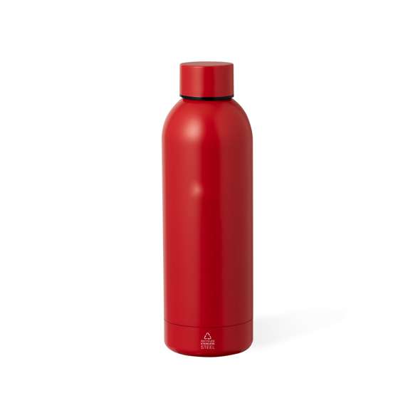 Bidón térmico de doble capa en Acero Inox Reciclado de 550 ml de capacidad, disponible en variada gama de colores metalizados de acabado mate. Con logotipo Acero Inox Reciclado. Presentado en atractiva caja de diseño kraft.El acero es uno de los materiales más demandados y que puede encontrarse casi en todas partes, desde productos de uso diario a grandes construcciones. Con innumerables propiedades, entre las que cabe destacar la durabilidad y su alto grado de reutilización, convirtiéndolo en una alternativa muy valorada en soluciones de sostenibilidad. Debidamente tratado, permite obtener nuevos recursos de infinita utilización.