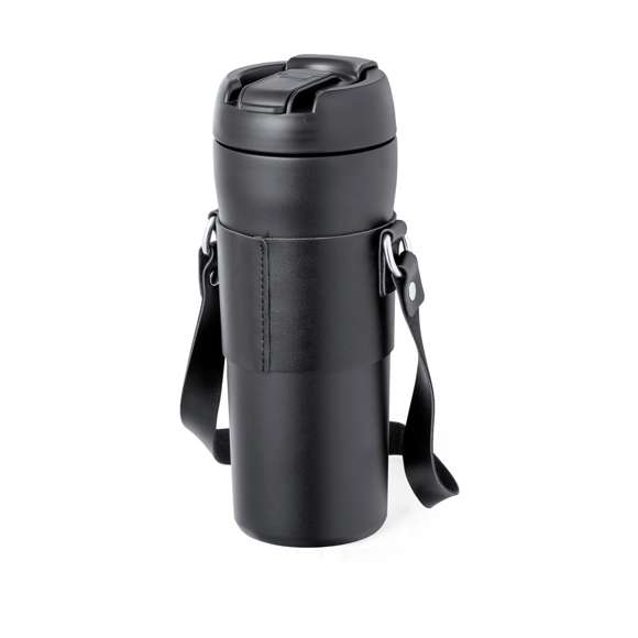 Elegante bidón térmico de 700 ml de capacidad, fabricado en acero inox de doble pared. Original tapón a rosca con dosificador en la tapa y boquilla para pajita, incluida. Con asa de transporte y agarrador a juego en polipiel. Presentado en caja individual de diseño kraft.
