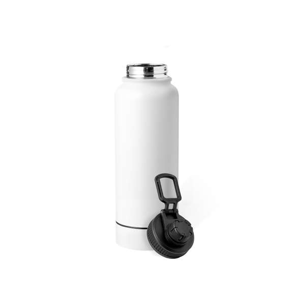 Bidón térmico de doble capa con 1L de capacidad en acero inox. Tapón de rosca de color negro con dosificador y asa de transporte. Además, en la base tiene un compartimento de rosca para guardar pequeños objetos. Disponible en elegantes colores. Presentado en caja de diseño kraft.