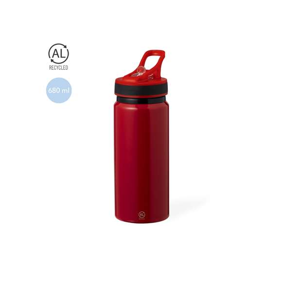 Bidón en Aluminio Reciclado de 680 ml de capacidad. Sistema de fácil apertura libre de BPA con dosificador de pajita y asa de transporte a juego. Con logotipo Aluminio Reciclado. Disponible en variada gama de colores brillantes y presentado en atractiva caja de diseño kraft. El Aluminio Reciclado es un material con posibilidades de reciclaje casi infinitas, sin perder sus propiedades originales y consumiendo menos energía en este proceso.Certificación GRS (Global Recycled Standard / Estándar de Reciclaje Global), que garantiza el origen reciclado del material usado para fabricar el producto.