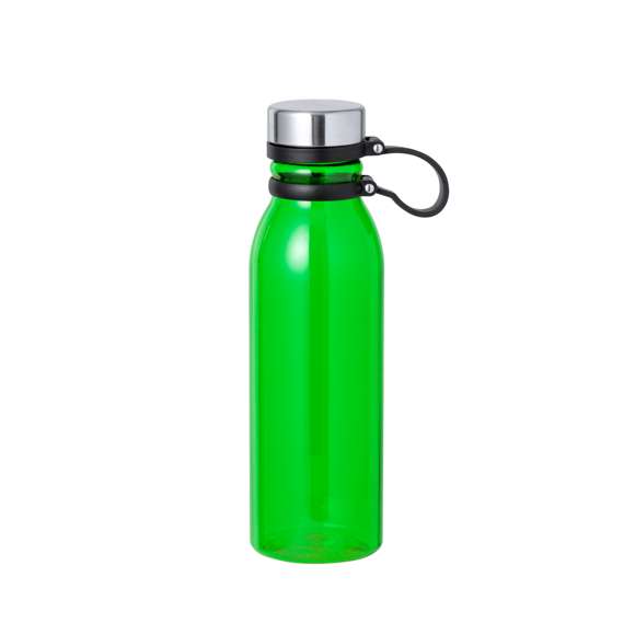 Bidón en RPET de 830 ml de capacidad. Tapón de seguridad de rosca en acero inox y original cinta de silicona para un fácil transporte. Disponible en variada gama de colores translúcidos. Libre de BPA y presentado en atractiva caja de diseño kraft. El material RPET se elabora a partir de plástico reciclado, para así fomentar la reutilización de residuos plásticos y ayudar a la sostenibilidad del planeta.