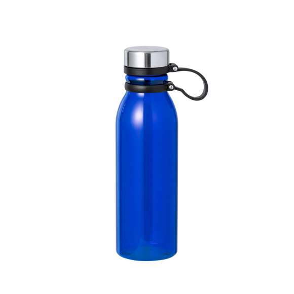 Bidón en RPET de 830 ml de capacidad. Tapón de seguridad de rosca en acero inox y original cinta de silicona para un fácil transporte. Disponible en variada gama de colores translúcidos. Libre de BPA y presentado en atractiva caja de diseño kraft. El material RPET se elabora a partir de plástico reciclado, para así fomentar la reutilización de residuos plásticos y ayudar a la sostenibilidad del planeta.