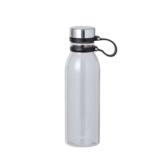 Bidón en RPET de 830 ml de capacidad. Tapón de seguridad de rosca en acero inox y original cinta de silicona para un fácil transporte. Disponible en variada gama de colores translúcidos. Libre de BPA y presentado en atractiva caja de diseño kraft. El material RPET se elabora a partir de plástico reciclado, para así fomentar la reutilización de residuos plásticos y ayudar a la sostenibilidad del planeta.