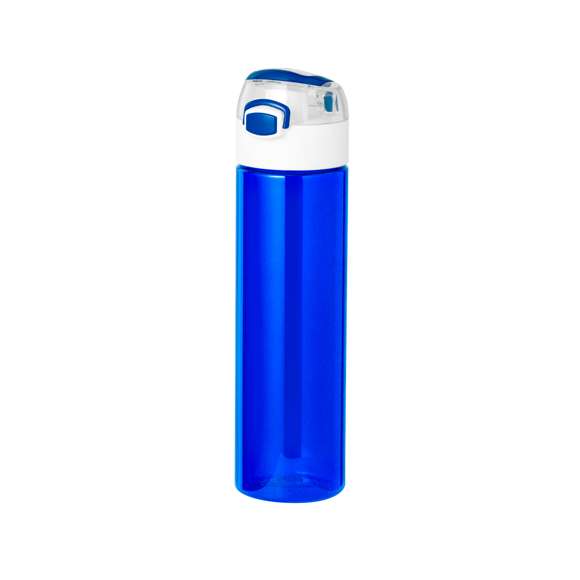 Bidón fabricado en Tritan de 650 ml de capacidad. Ingeniosa tapadera con resorte de fácil apertura pulsando el botón frontal, con cierre de seguridad. Sellado óptimo de tapón a rosca y asa para un cómodo transporte. Disponible en variada gama de colores y presentado en una caja individual de diseño kraft.