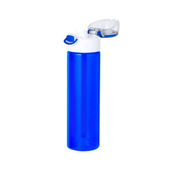 Bidón fabricado en Tritan de 650 ml de capacidad. Ingeniosa tapadera con resorte de fácil apertura pulsando el botón frontal, con cierre de seguridad. Sellado óptimo de tapón a rosca y asa para un cómodo transporte. Disponible en variada gama de colores y presentado en una caja individual de diseño kraft.