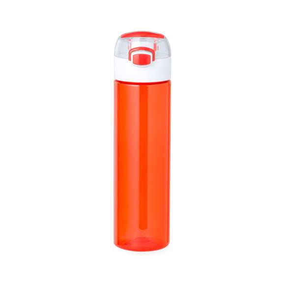 Bidón fabricado en Tritan de 650 ml de capacidad. Ingeniosa tapadera con resorte de fácil apertura pulsando el botón frontal, con cierre de seguridad. Sellado óptimo de tapón a rosca y asa para un cómodo transporte. Disponible en variada gama de colores y presentado en una caja individual de diseño kraft.