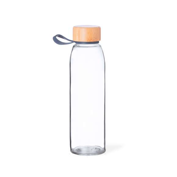 Bidón de cristal de 500 ml. Tapón de rosca en bambú con práctica asa de silicona. Presentado en caja de diseño kraft.