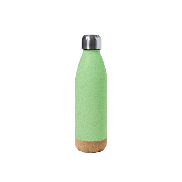 Bidón de 650 ml de capacidad, en combinación de PE veteado con base de corcho natural y tapón en acero inox.Tapón a rosca y libre de BPA. Disponible en variada gama de colores pastel mate y presentado en caja individual de diseño kraft.Certificación Food Grade, garantizando la seguridad cuando los alimentos entran en contacto con el material usado para fabricar el producto.