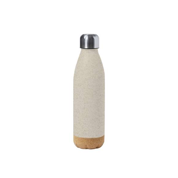 Bidón de 650 ml de capacidad, en combinación de PE veteado con base de corcho natural y tapón en acero inox.Tapón a rosca y libre de BPA. Disponible en variada gama de colores pastel mate y presentado en caja individual de diseño kraft.Certificación Food Grade, garantizando la seguridad cuando los alimentos entran en contacto con el material usado para fabricar el producto.