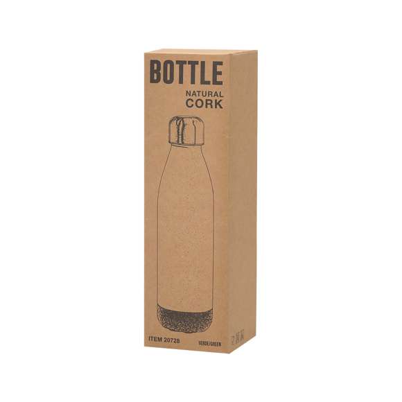 Bidón de 650 ml de capacidad, en combinación de PE veteado con base de corcho natural y tapón en acero inox.Tapón a rosca y libre de BPA. Disponible en variada gama de colores pastel mate y presentado en caja individual de diseño kraft.Certificación Food Grade, garantizando la seguridad cuando los alimentos entran en contacto con el material usado para fabricar el producto.