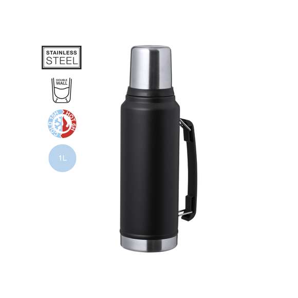 Termo de acero inox de 1L de capacidad. Combinación de color negro con acero pulido de elegante acabado, de cierre de rosca con tapón en forma de vaso de 200 ml y asa en el lateral para un fácil transporte. Presentado en caja de diseño kraft.