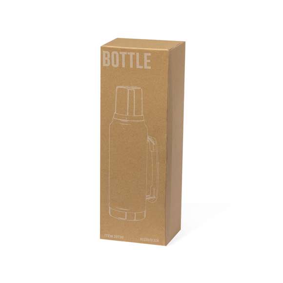 Termo de acero inox de 1L de capacidad. Combinación de color negro con acero pulido de elegante acabado, de cierre de rosca con tapón en forma de vaso de 200 ml y asa en el lateral para un fácil transporte. Presentado en caja de diseño kraft.