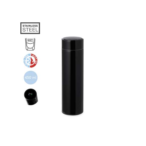 Termo en alta calidad de doble pared y 450 ml de capacidad, con medidor de temperatura táctil integrado en tapón. Fabricado en acero inox, que ofrece una resistencia y durabilidad excepcionales. Tapón en acero inox con infusor integrado y libre de BPA. Alimentación a pilas (de botón incluida), con manual de instrucciones en español e inglés. Disponible en variada gama de colores y presentado en atractiva caja de diseño kraft.