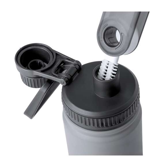 Práctico cepillo limpiador todo en uno, especialmente diseñado para bidones, termos, tazas, vasos y artículos similares. Incluye 3 cepillos con diferentes tipos de cerdas, ideales para la correcta limpieza de las partes de difícil acceso de los recipientes. Fabricado en resistente material ABS, con zona lisa para marcaje y presentado en caja individual de diseño kraft.