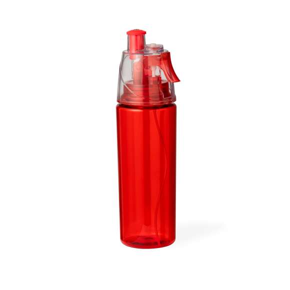 Bidón de 600 ml de capacidad, con vaporizador en el tapón para refrescarse. De acabado transparente, incluye dosificador y tapón a rosca para un óptimo sellado. Disponible en variados colores y presentado individualmente en caja de diseño kraft.