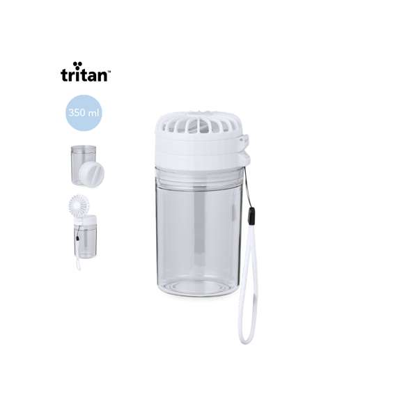 Práctico bidón con ventilador, fabricado en Tritan y de 350 ml de capacidad. Libre de BPA, con tapadera hermética de rosca que incluye un ventilador regulable en 3 niveles de intensidad y posición. Con batería de 1200 mAh y una tapadera extra para poder usar por separado. Incluye cordón para transportarlo fácilmente y viene presentado individualmente en caja kraft.