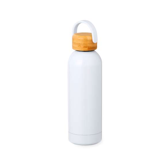Bidón térmico de 500 ml de capacidad, fabricado en acero inox de doble pared y especialmente diseñado para marcaje en sublimación. De acabado blanco brillo, con tapón a rosca y asa superior para un fácil agarre, libre de BPA. Presentado en caja individual de diseño kraft.