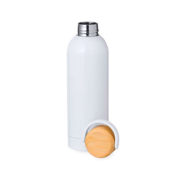 Bidón térmico de 500 ml de capacidad, fabricado en acero inox de doble pared y especialmente diseñado para marcaje en sublimación. De acabado blanco brillo, con tapón a rosca y asa superior para un fácil agarre, libre de BPA. Presentado en caja individual de diseño kraft.