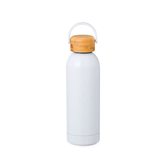Bidón térmico de 500 ml de capacidad, fabricado en acero inox de doble pared y especialmente diseñado para marcaje en sublimación. De acabado blanco brillo, con tapón a rosca y asa superior para un fácil agarre, libre de BPA. Presentado en caja individual de diseño kraft.