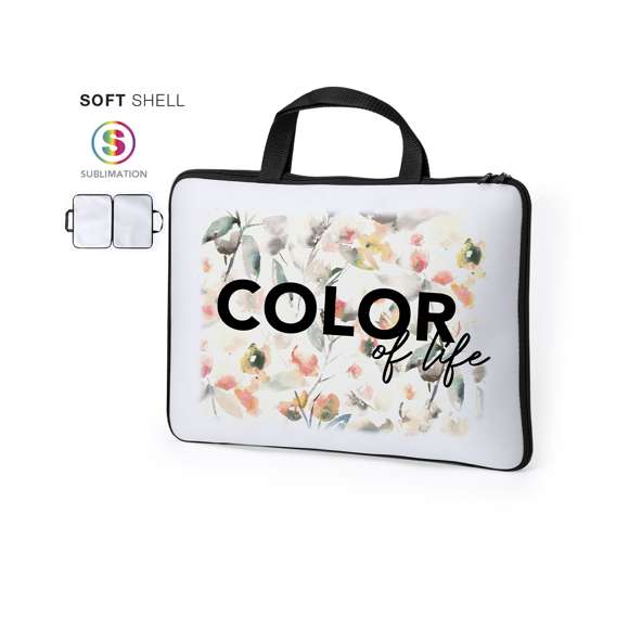 Práctica funda para ordenador portátil de hasta 15 pulgadas en soft shell. Especialmente diseñada para la sublimación con dos caras amplias para el marcaje, de cierre por cremallera de doble tirador en color negro y dos asas. Presentado individualmente en una bolsa reciclada.