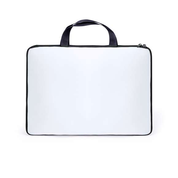Práctica funda para ordenador portátil de hasta 15 pulgadas en soft shell. Especialmente diseñada para la sublimación con dos caras amplias para el marcaje, de cierre por cremallera de doble tirador en color negro y dos asas. Presentado individualmente en una bolsa reciclada.