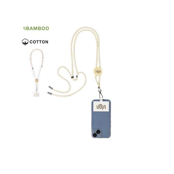 Original lanyard con accesorio para smartphone. Fabricado en resistente algodón, con accesorio de bambú para marcaje. Accesorio de transporte para situar entre la funda y el smartphone y mosquetón giratorio metálico. Ajustadores en cuello, con accesorios cromados en los extremos de los cordones de ajuste.Materiales como el bambú fomentan la utilización de materias primas naturales, reduciendo las emisiones contaminantes. Proviene de una planta de gran resistencia y versatilidad, con crecimiento y regeneración rápidos, siendo una excelente alternativa al uso de madera tradicional.