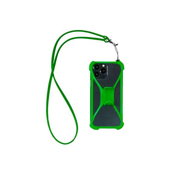 Práctico lanyard fabricado en resistente silicona. Incluye un accesorio para el móvil a juego, reforzado en las esquinas y con un soporte desplegable en la parte posterior. Con mosquetón metálico giratorio y disponible en variada gama de colores.