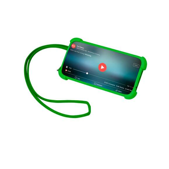 Práctico lanyard fabricado en resistente silicona. Incluye un accesorio para el móvil a juego, reforzado en las esquinas y con un soporte desplegable en la parte posterior. Con mosquetón metálico giratorio y disponible en variada gama de colores.