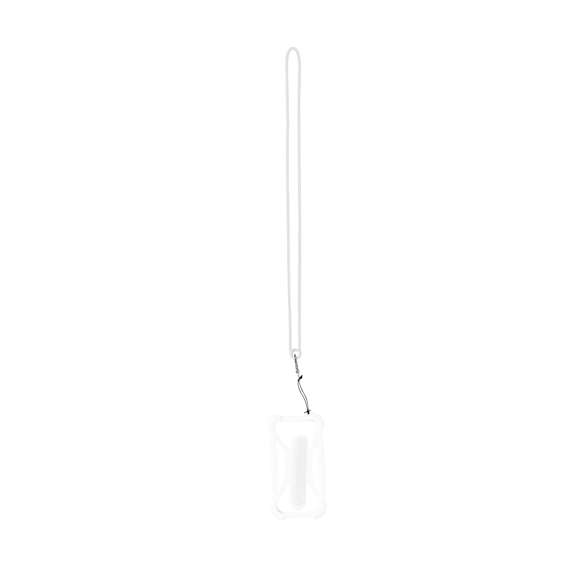 Práctico lanyard fabricado en resistente silicona. Incluye un accesorio para el móvil a juego, reforzado en las esquinas y con un soporte desplegable en la parte posterior. Con mosquetón metálico giratorio y disponible en variada gama de colores.