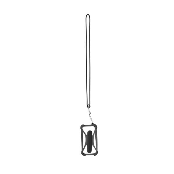 Práctico lanyard fabricado en resistente silicona. Incluye un accesorio para el móvil a juego, reforzado en las esquinas y con un soporte desplegable en la parte posterior. Con mosquetón metálico giratorio y disponible en variada gama de colores.