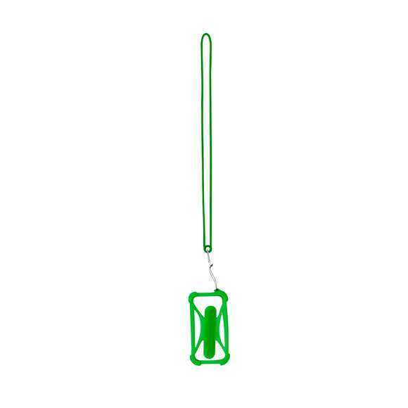 Práctico lanyard fabricado en resistente silicona. Incluye un accesorio para el móvil a juego, reforzado en las esquinas y con un soporte desplegable en la parte posterior. Con mosquetón metálico giratorio y disponible en variada gama de colores.