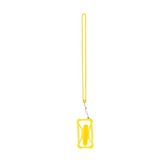 Práctico lanyard fabricado en resistente silicona. Incluye un accesorio para el móvil a juego, reforzado en las esquinas y con un soporte desplegable en la parte posterior. Con mosquetón metálico giratorio y disponible en variada gama de colores.