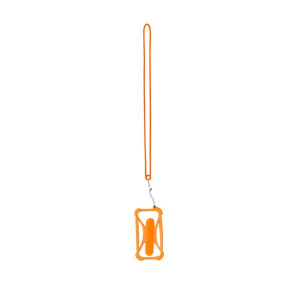 Práctico lanyard fabricado en resistente silicona. Incluye un accesorio para el móvil a juego, reforzado en las esquinas y con un soporte desplegable en la parte posterior. Con mosquetón metálico giratorio y disponible en variada gama de colores.