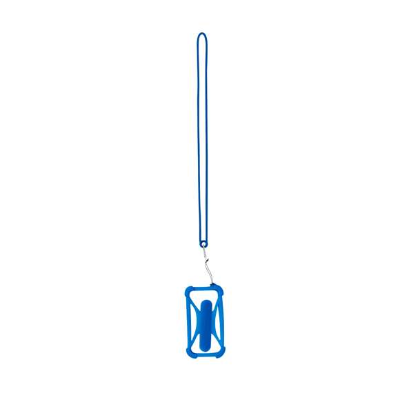 Práctico lanyard fabricado en resistente silicona. Incluye un accesorio para el móvil a juego, reforzado en las esquinas y con un soporte desplegable en la parte posterior. Con mosquetón metálico giratorio y disponible en variada gama de colores.