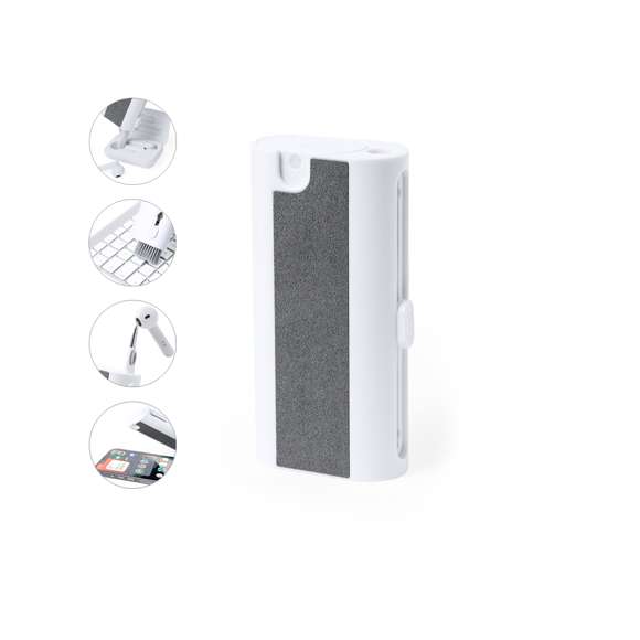 Completo set de limpieza de 6 funciones, especialmente diseñado para el cuidado y mantenimiento de los gadgets tecnológicos. Todos los accesorios se alojan en el interior de la carcasa y se están listos para usar deslizando el botón correspondiente a cada uno de ellos. Incluye depósito interior rellenable con pulverizador, zona limpia pantallas, punta metálica, bastón limpiador, cepillos de diferentes formas y accesorio para extraer teclas. Fabricado en resistente ABS, con elegante diseño en color blanco y presentado individualmente en caja de diseño kraft.