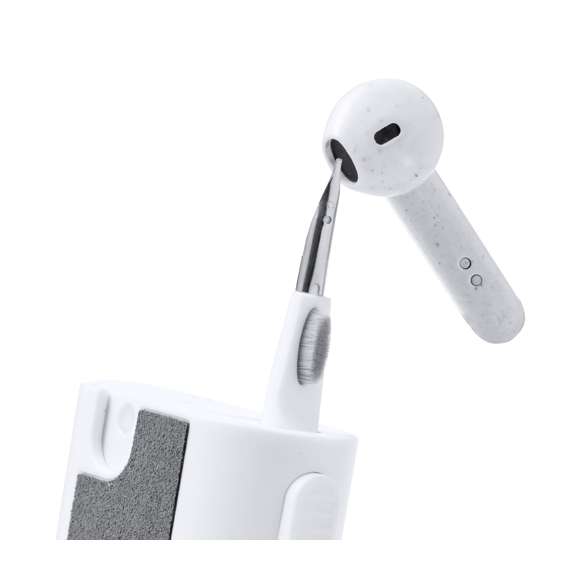 Completo set de limpieza de 6 funciones, especialmente diseñado para el cuidado y mantenimiento de los gadgets tecnológicos. Todos los accesorios se alojan en el interior de la carcasa y se están listos para usar deslizando el botón correspondiente a cada uno de ellos. Incluye depósito interior rellenable con pulverizador, zona limpia pantallas, punta metálica, bastón limpiador, cepillos de diferentes formas y accesorio para extraer teclas. Fabricado en resistente ABS, con elegante diseño en color blanco y presentado individualmente en caja de diseño kraft.