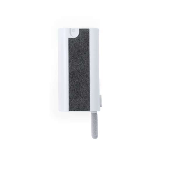 Completo set de limpieza de 6 funciones, especialmente diseñado para el cuidado y mantenimiento de los gadgets tecnológicos. Todos los accesorios se alojan en el interior de la carcasa y se están listos para usar deslizando el botón correspondiente a cada uno de ellos. Incluye depósito interior rellenable con pulverizador, zona limpia pantallas, punta metálica, bastón limpiador, cepillos de diferentes formas y accesorio para extraer teclas. Fabricado en resistente ABS, con elegante diseño en color blanco y presentado individualmente en caja de diseño kraft.